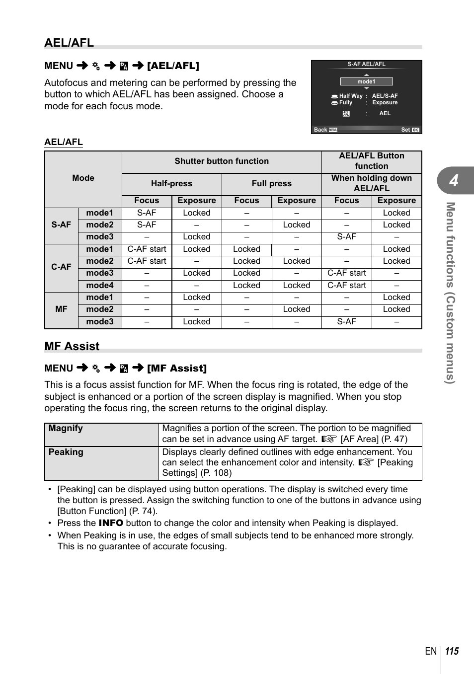 Menu functions (custom menus), Ael/afl, Mf assist | 115 en | Olympus PEN-F Pancake Zoom 14-42mm Kit User Manual | Page 115 / 184