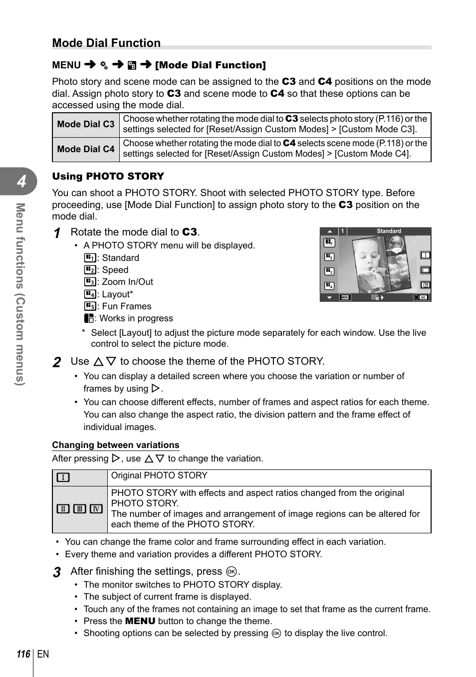 Menu functions (custom menus), Mode dial function | Olympus PEN-F Pancake Zoom 14-42mm Kit User Manual | Page 116 / 184