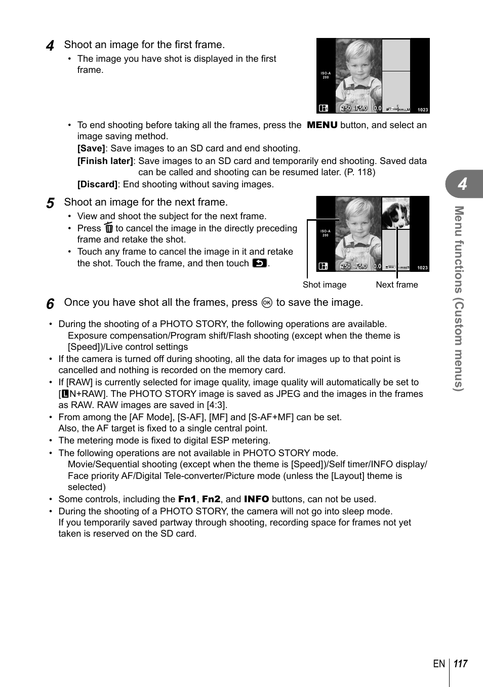 Menu functions (custom menus), 117 en, Shoot an image for the fi rst frame | Shoot an image for the next frame | Olympus PEN-F Pancake Zoom 14-42mm Kit User Manual | Page 117 / 184