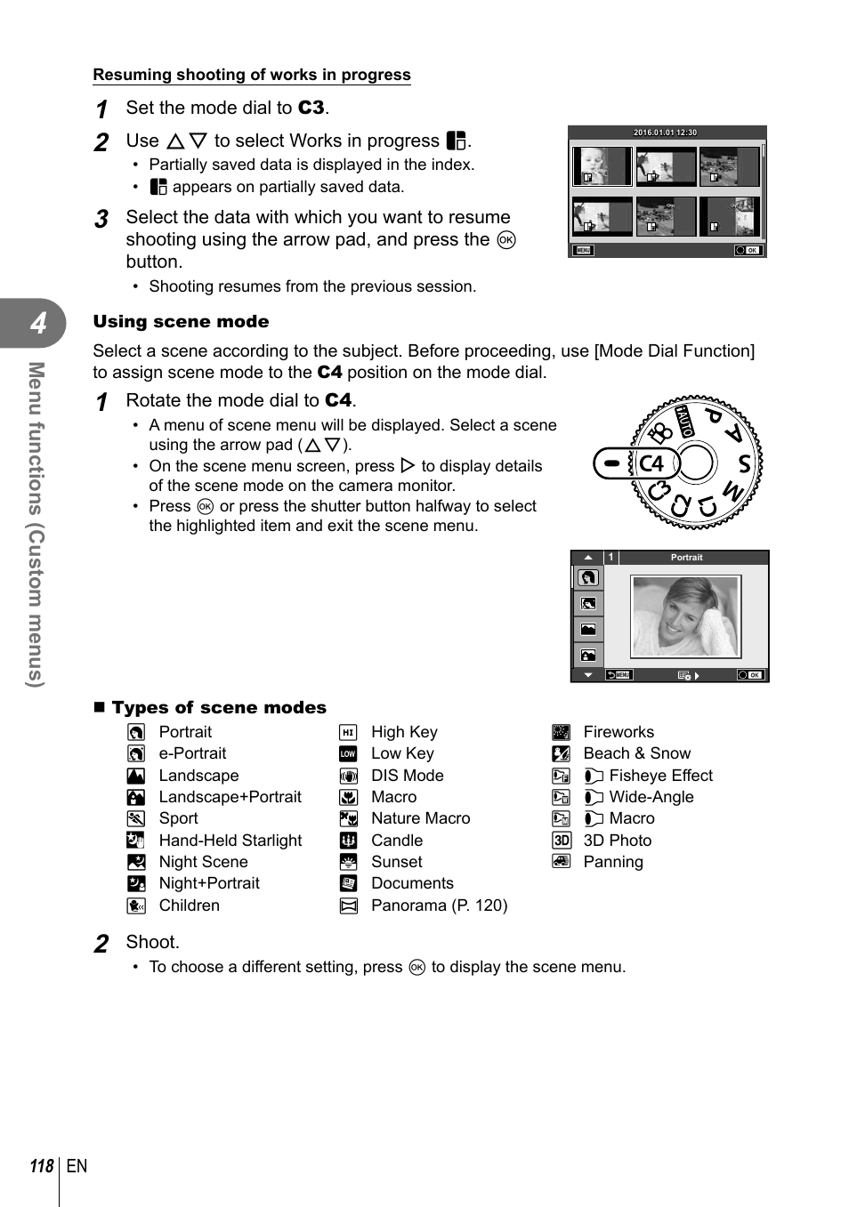 Menu functions (custom menus) | Olympus PEN-F Pancake Zoom 14-42mm Kit User Manual | Page 118 / 184