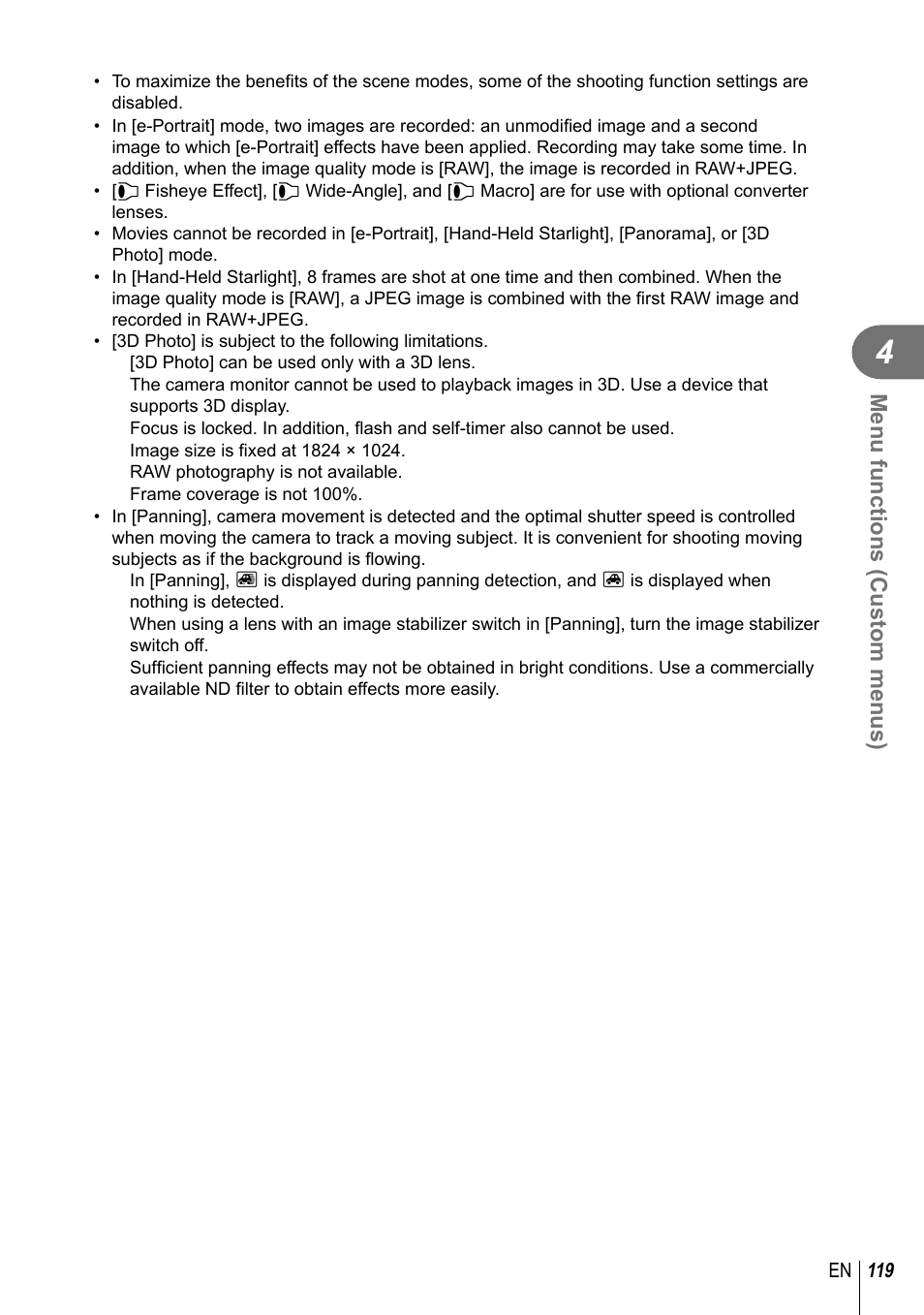 Menu functions (custom menus) | Olympus PEN-F Pancake Zoom 14-42mm Kit User Manual | Page 119 / 184