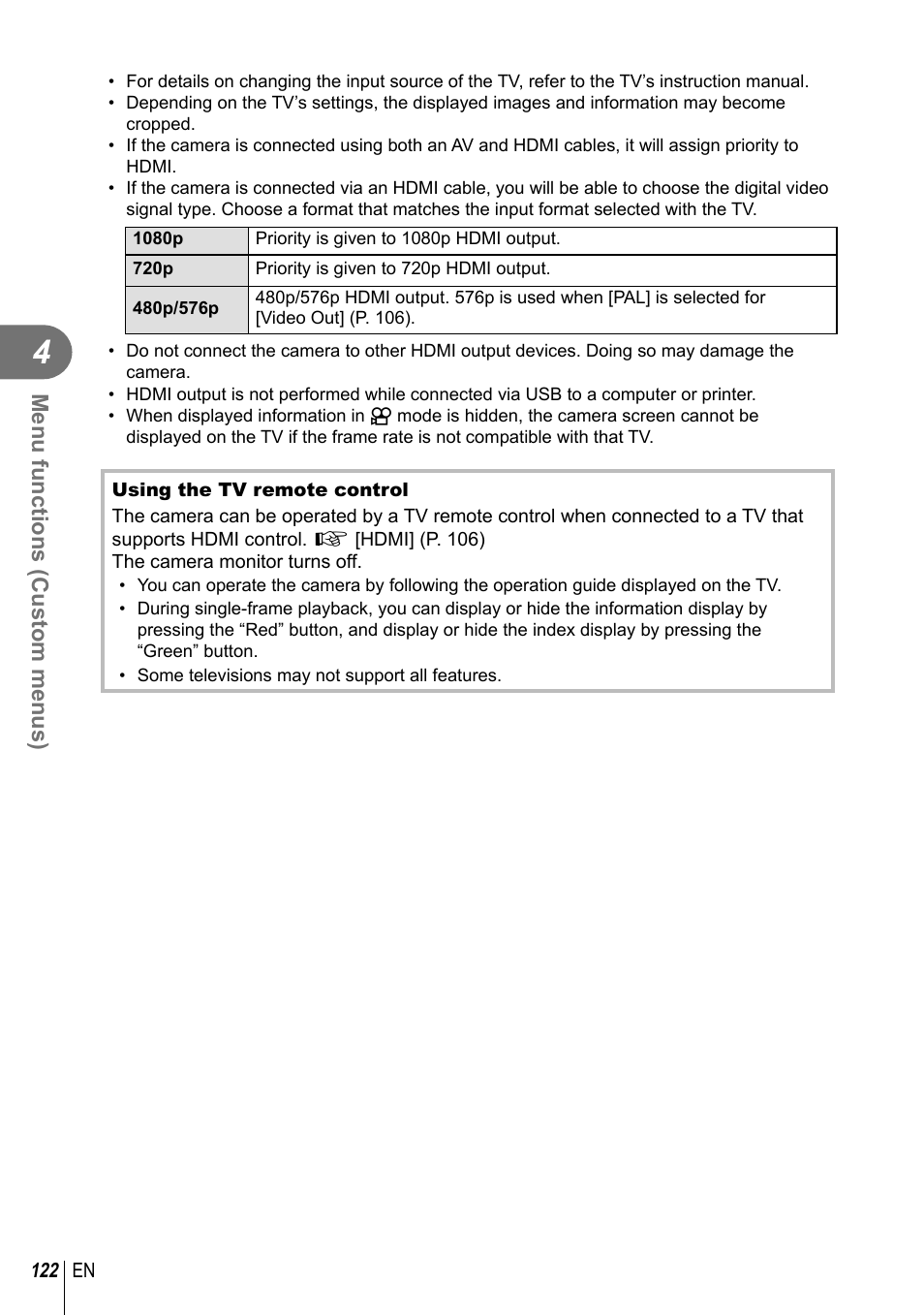 Menu functions (custom menus) | Olympus PEN-F Pancake Zoom 14-42mm Kit User Manual | Page 122 / 184