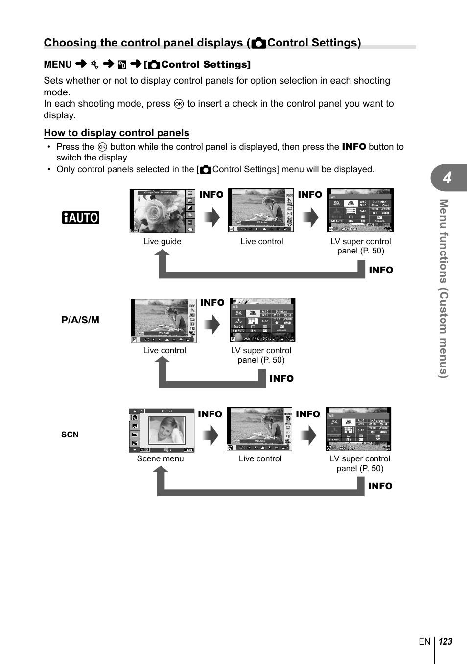 Menu functions (custom menus), 123 en, How to display control panels | P/a/s/m, Info, Live control lv super control panel (p. 50), Live guide, Lv super control panel (p. 50), Live control, Scene menu | Olympus PEN-F Pancake Zoom 14-42mm Kit User Manual | Page 123 / 184