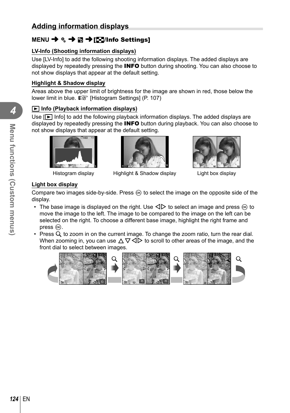 Menu functions (custom menus), Adding information displays, 124 en | Menu c u [ g /info settings | Olympus PEN-F Pancake Zoom 14-42mm Kit User Manual | Page 124 / 184