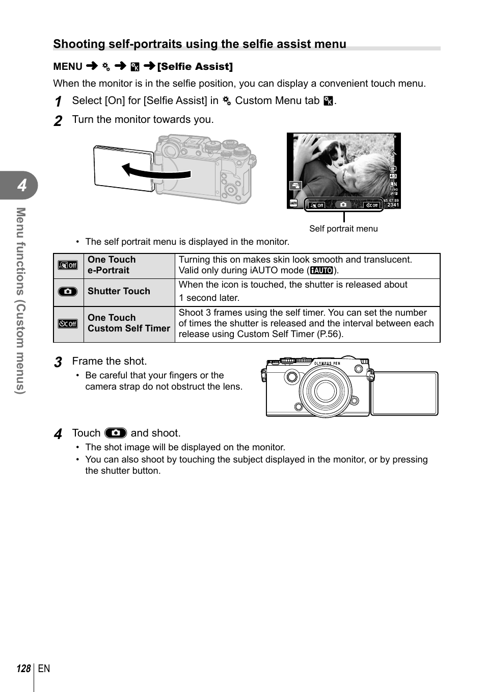 Menu functions (custom menus) | Olympus PEN-F Pancake Zoom 14-42mm Kit User Manual | Page 128 / 184