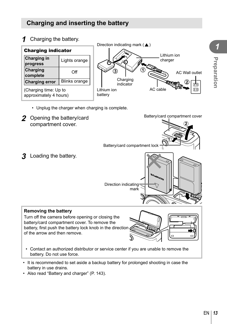 Charging and inserting the battery | Olympus PEN-F Pancake Zoom 14-42mm Kit User Manual | Page 13 / 184