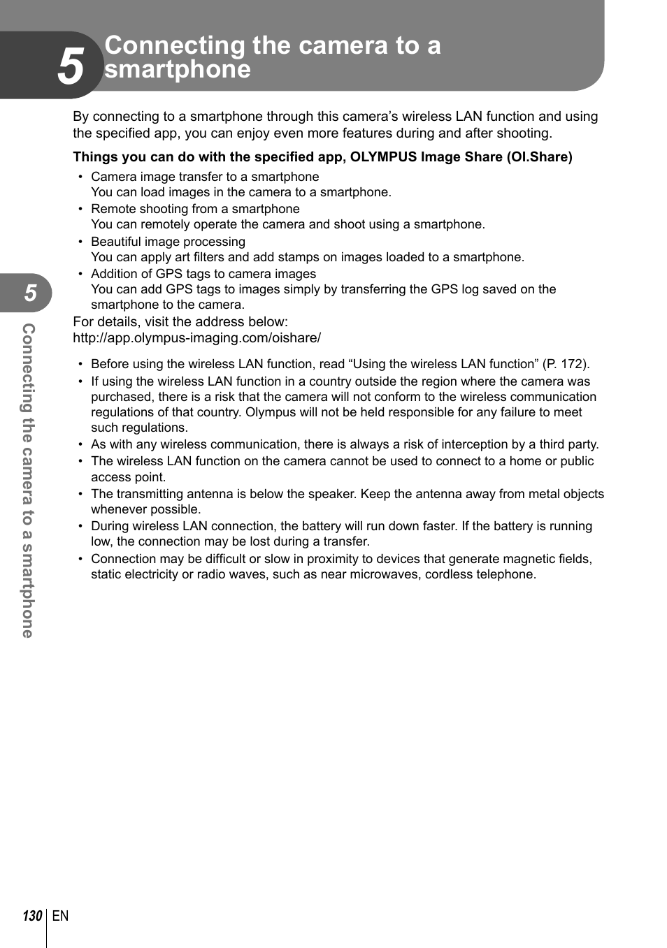 Connecting the camera to a smartphone | Olympus PEN-F Pancake Zoom 14-42mm Kit User Manual | Page 130 / 184