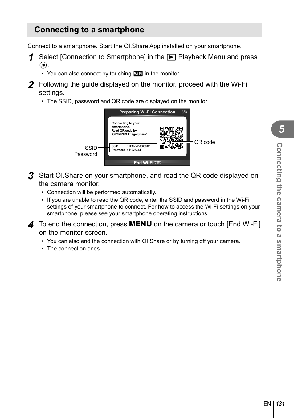 Connecting to a smartphone | Olympus PEN-F Pancake Zoom 14-42mm Kit User Manual | Page 131 / 184