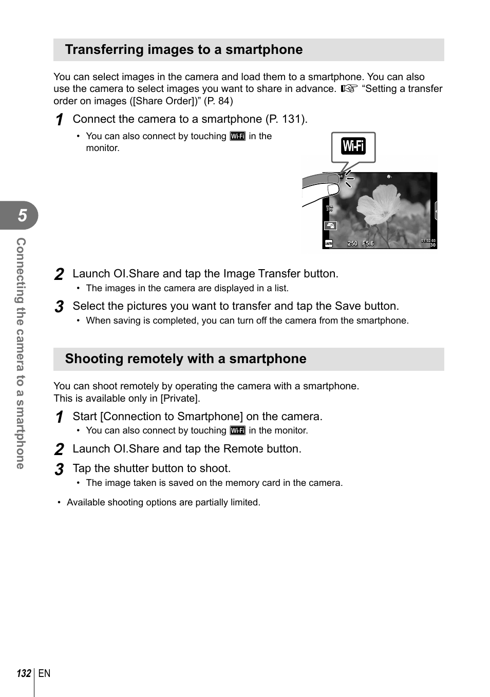 Wi-fi, Transferring images to a smartphone, Shooting remotely with a smartphone | Olympus PEN-F Pancake Zoom 14-42mm Kit User Manual | Page 132 / 184