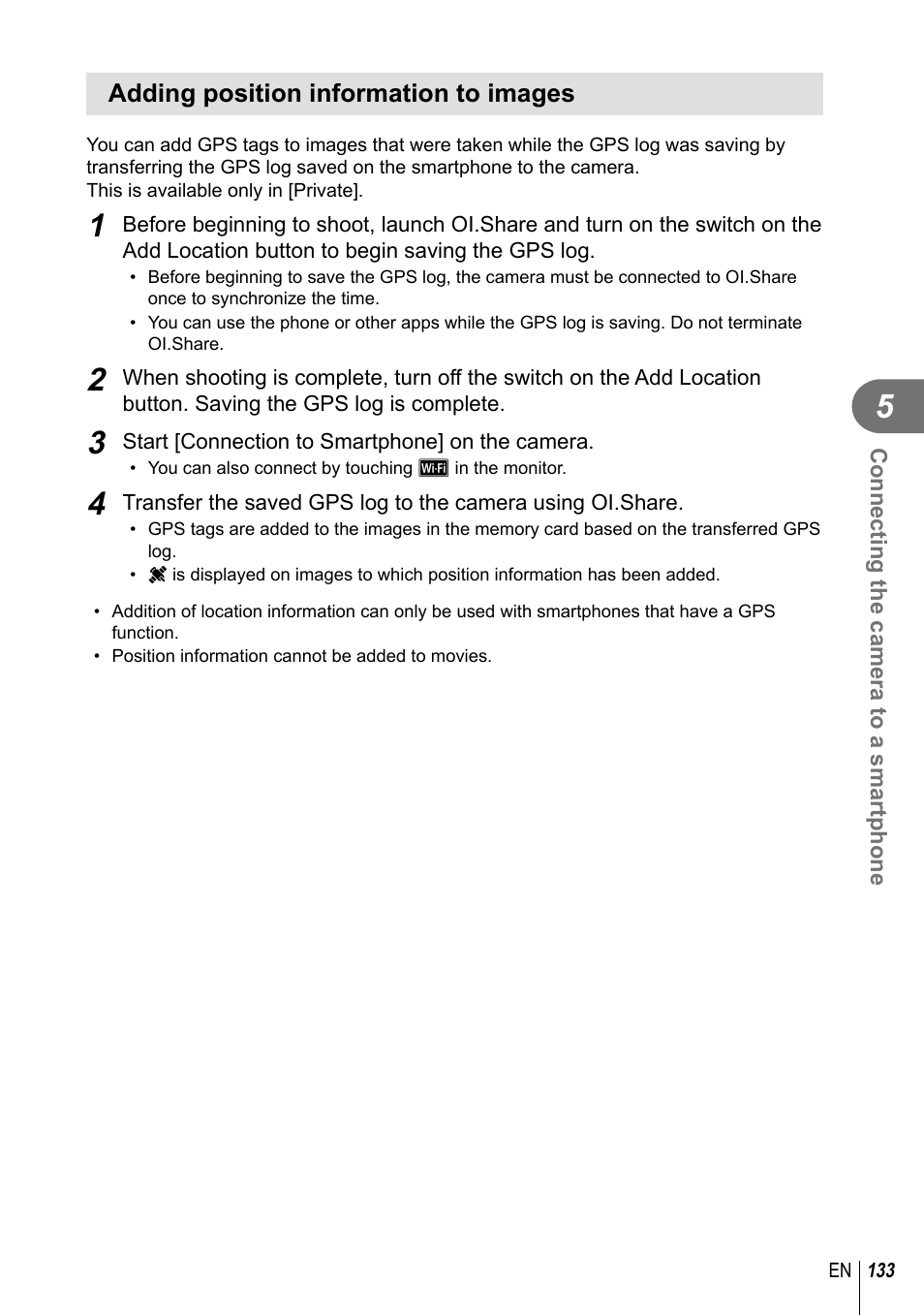 Adding position information to images | Olympus PEN-F Pancake Zoom 14-42mm Kit User Manual | Page 133 / 184