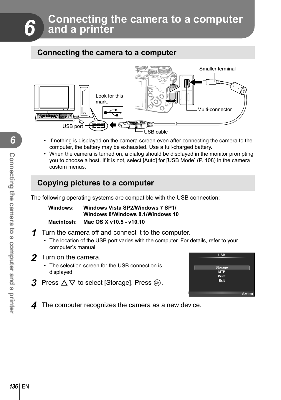 Connecting the camera to a computer and a printer, Connecting the camera to a computer, Copying pictures to a computer | Olympus PEN-F Pancake Zoom 14-42mm Kit User Manual | Page 136 / 184