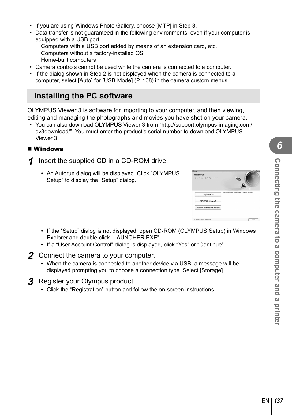 Installing the pc software | Olympus PEN-F Pancake Zoom 14-42mm Kit User Manual | Page 137 / 184