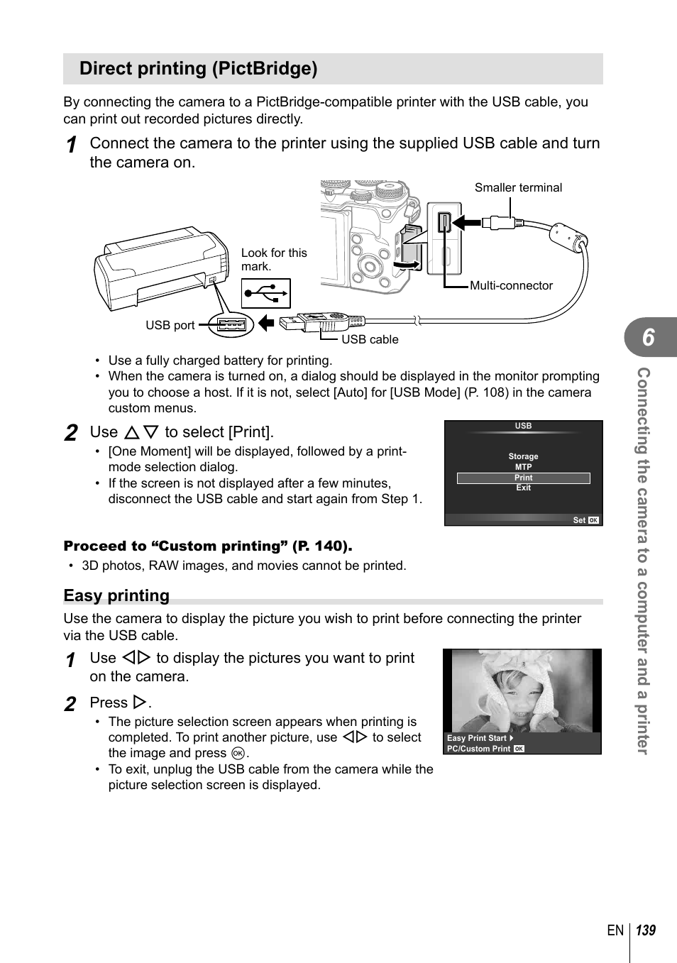 Direct printing (pictbridge), Connecting the camera to a computer and a printer, Easy printing | Olympus PEN-F Pancake Zoom 14-42mm Kit User Manual | Page 139 / 184