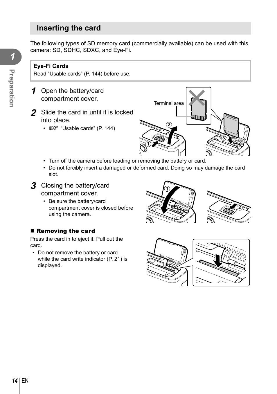 Inserting the card | Olympus PEN-F Pancake Zoom 14-42mm Kit User Manual | Page 14 / 184