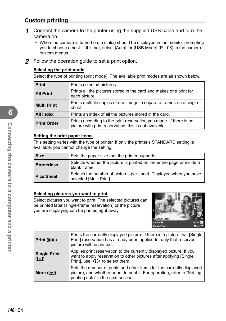 Connecting the camera to a computer and a printer, Custom printing | Olympus PEN-F Pancake Zoom 14-42mm Kit User Manual | Page 140 / 184