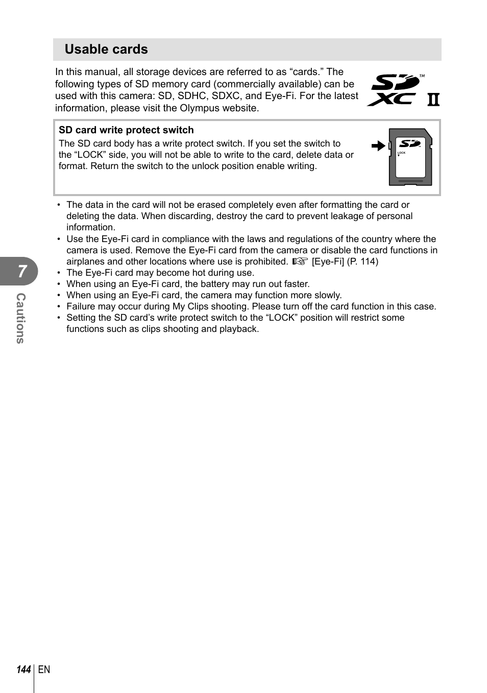 Usable cards, Cautions | Olympus PEN-F Pancake Zoom 14-42mm Kit User Manual | Page 144 / 184