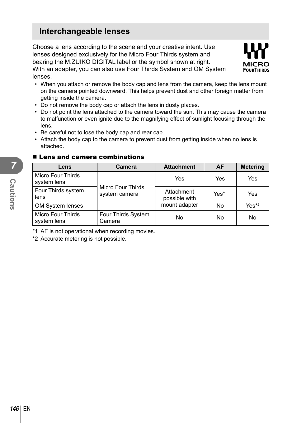 Interchangeable lenses, Cautions | Olympus PEN-F Pancake Zoom 14-42mm Kit User Manual | Page 146 / 184