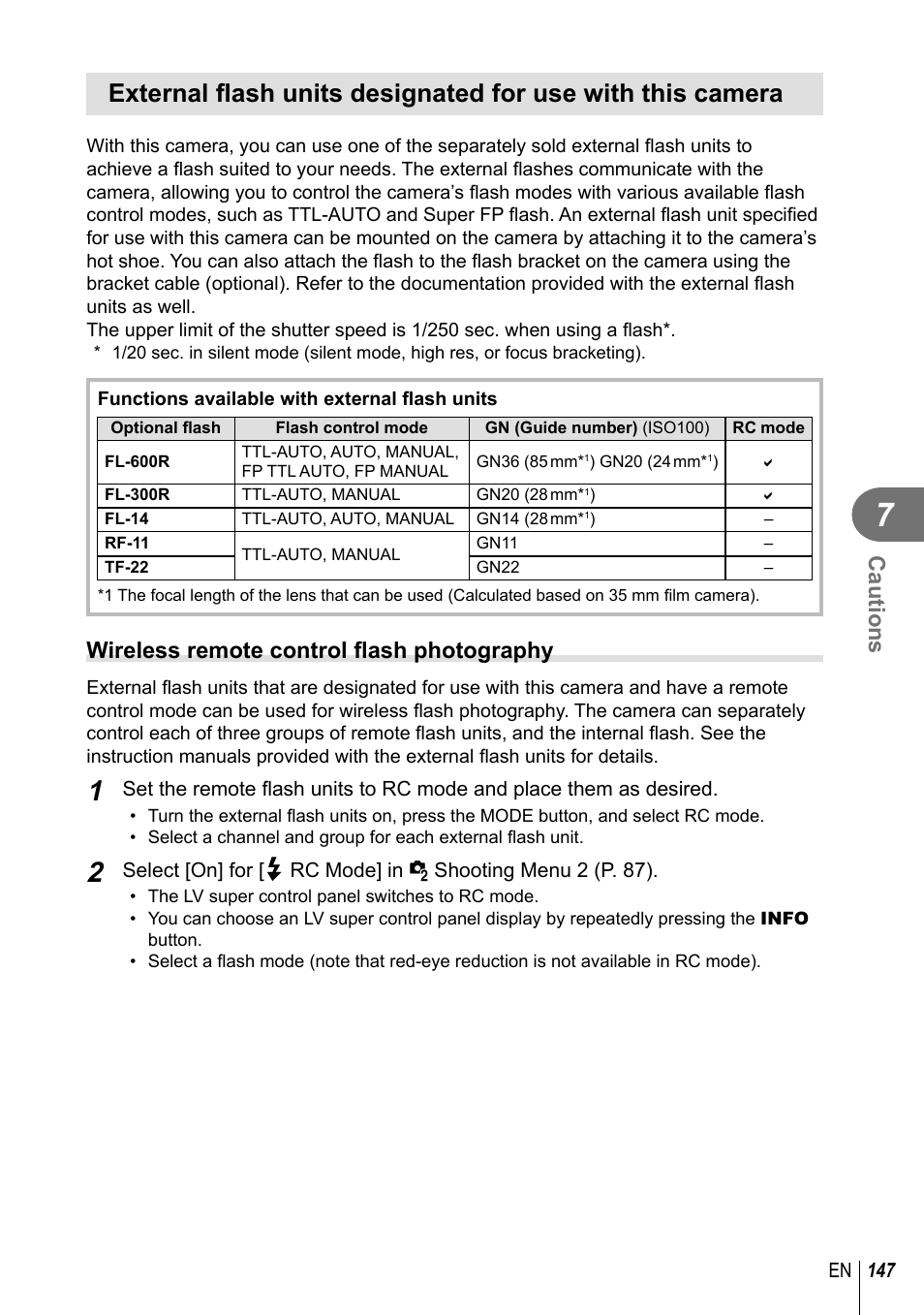 Cautions, Wireless remote control fl ash photography | Olympus PEN-F Pancake Zoom 14-42mm Kit User Manual | Page 147 / 184