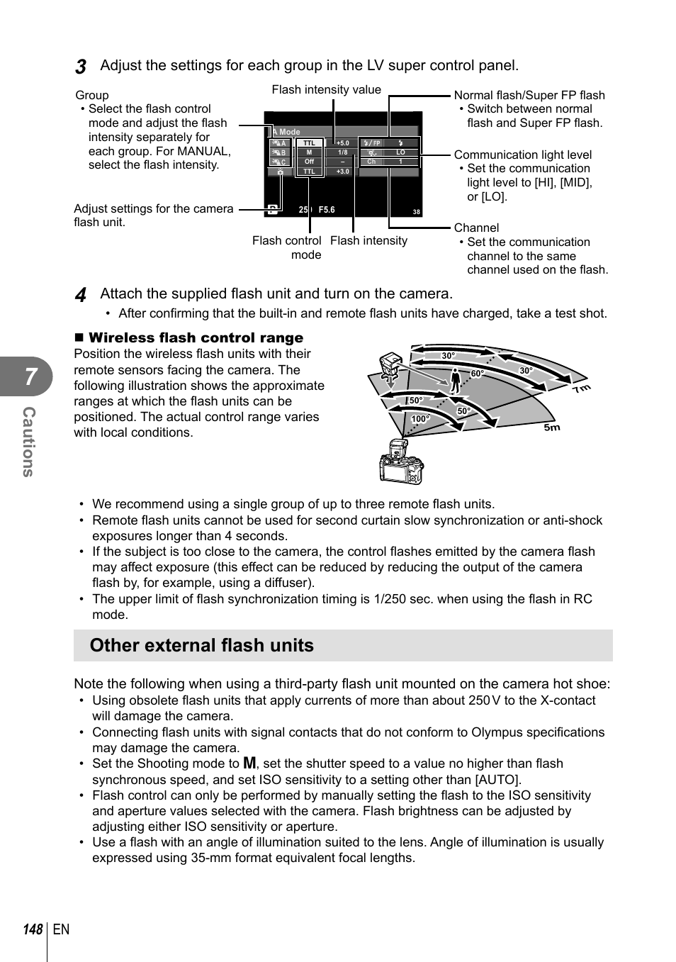 Other external fl ash units, Cautions, 148 en | Olympus PEN-F Pancake Zoom 14-42mm Kit User Manual | Page 148 / 184