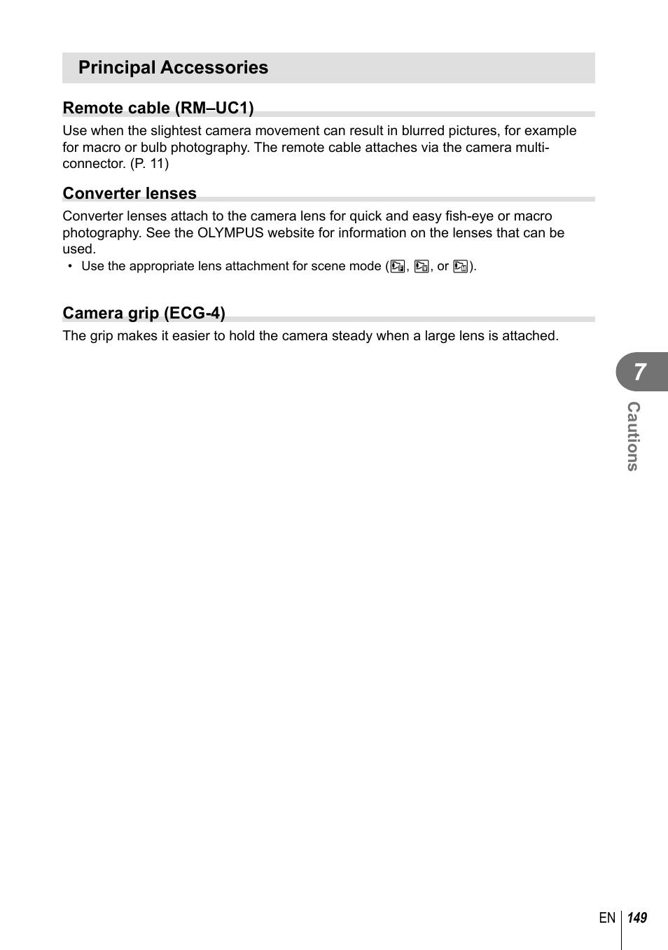 Principal accessories | Olympus PEN-F Pancake Zoom 14-42mm Kit User Manual | Page 149 / 184