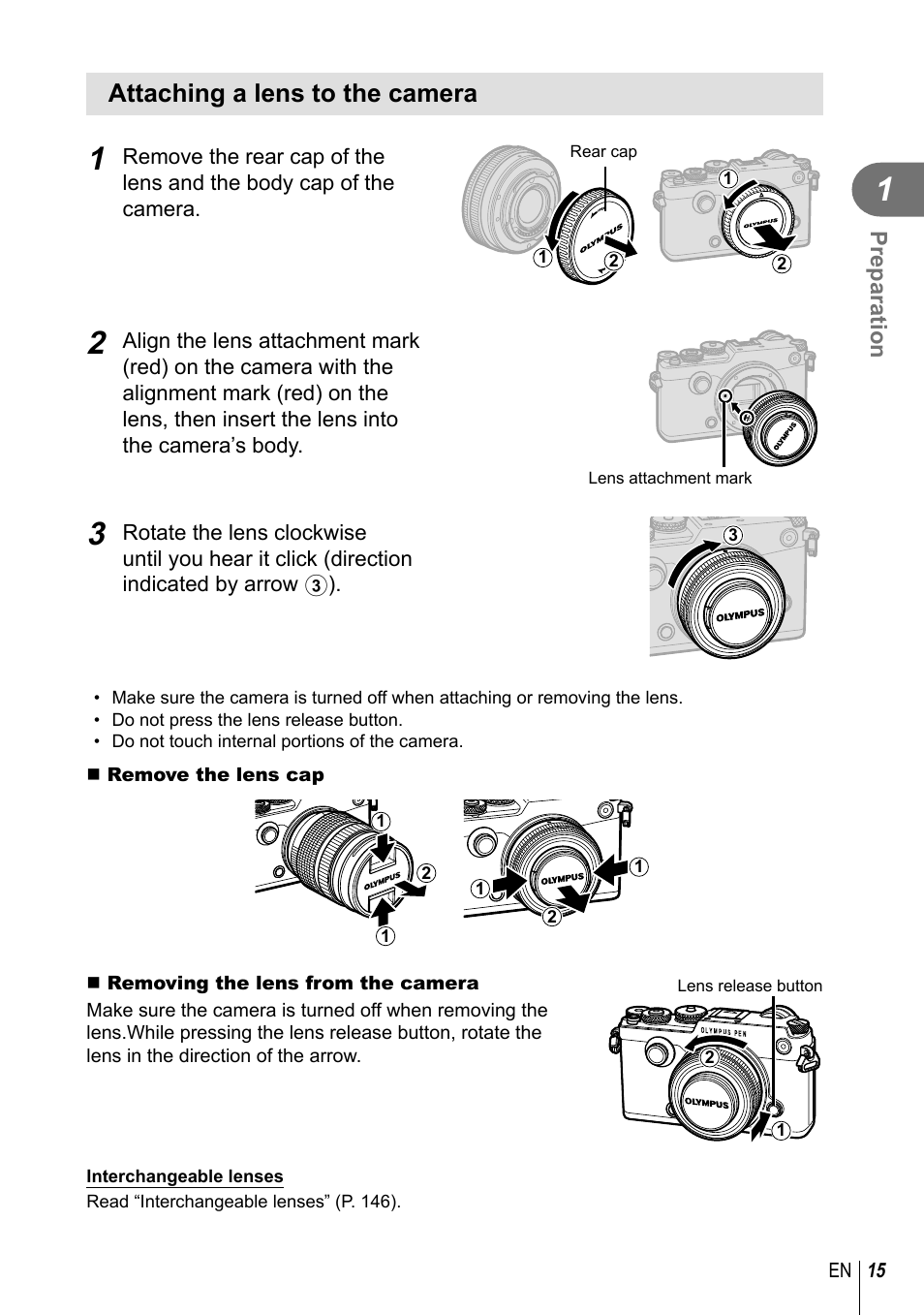 Attaching a lens to the camera | Olympus PEN-F Pancake Zoom 14-42mm Kit User Manual | Page 15 / 184