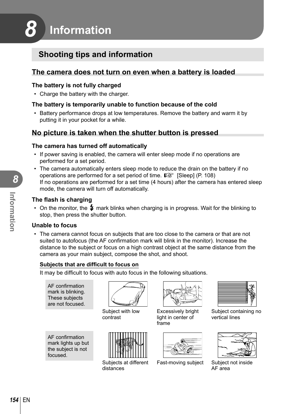 Information, Shooting tips and information | Olympus PEN-F Pancake Zoom 14-42mm Kit User Manual | Page 154 / 184