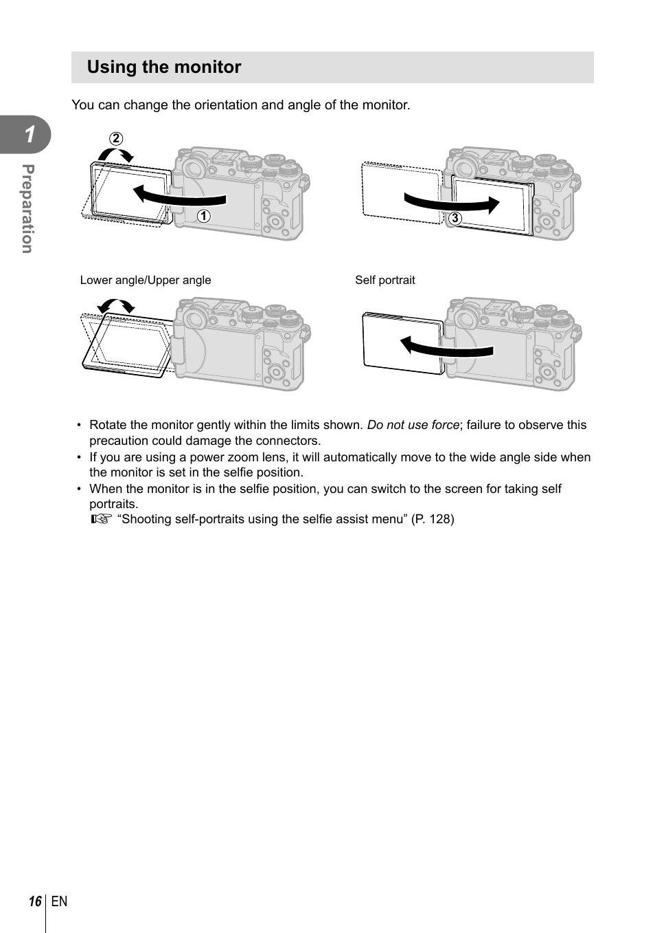 Using the monitor | Olympus PEN-F Pancake Zoom 14-42mm Kit User Manual | Page 16 / 184