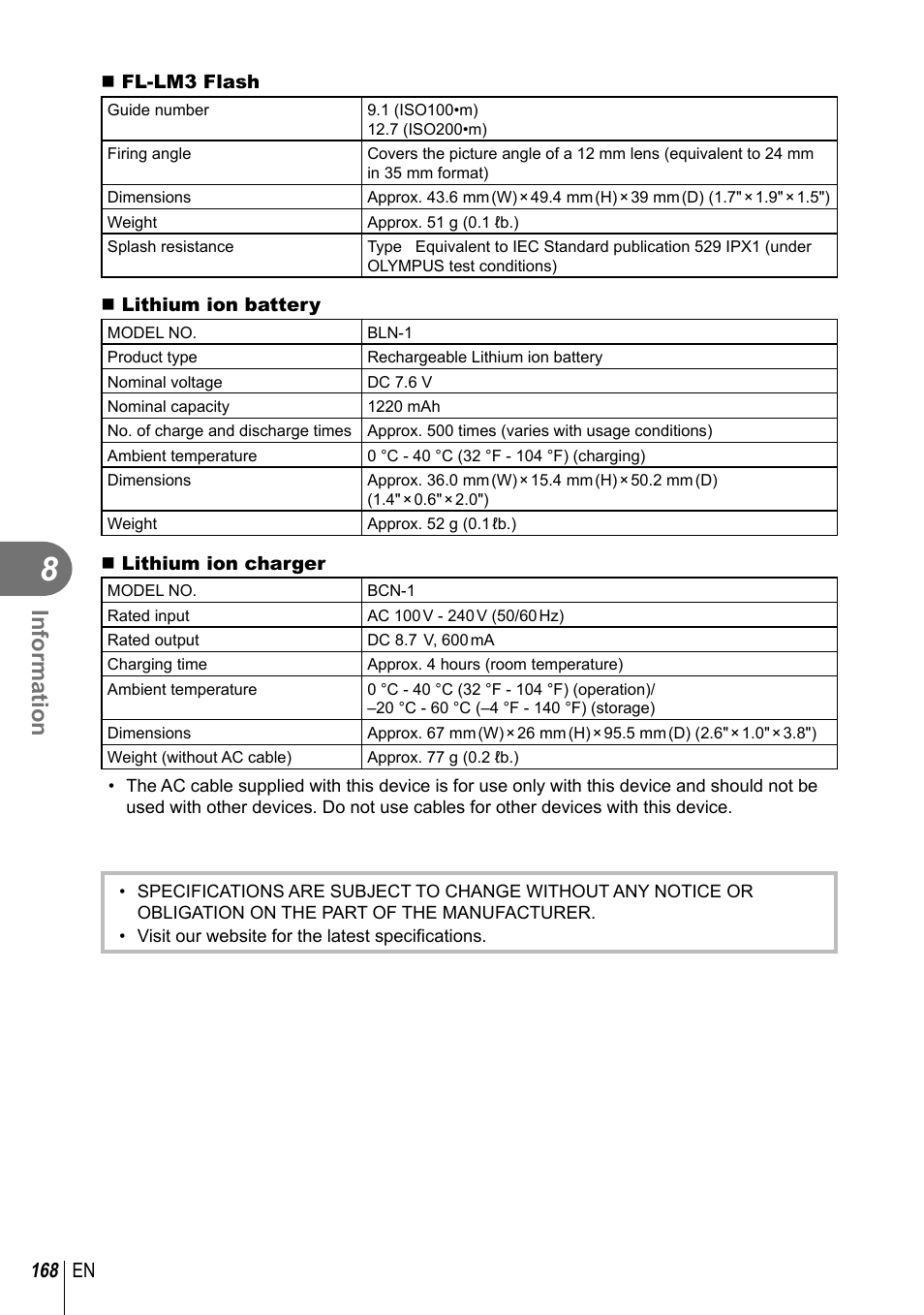 Information, 168 en | Olympus PEN-F Pancake Zoom 14-42mm Kit User Manual | Page 168 / 184