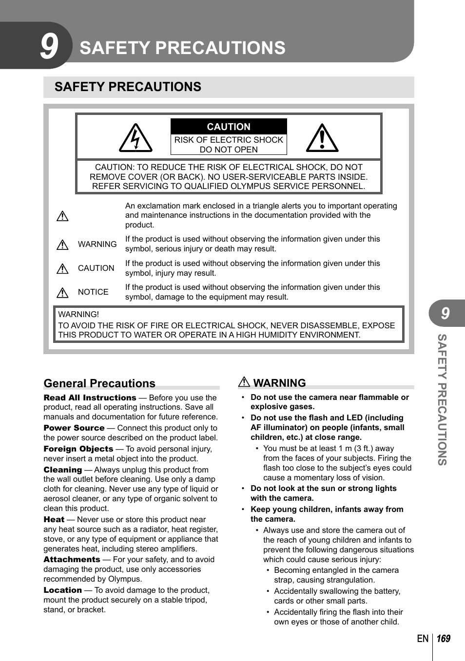 Safety precautions, General precautions | Olympus PEN-F Pancake Zoom 14-42mm Kit User Manual | Page 169 / 184