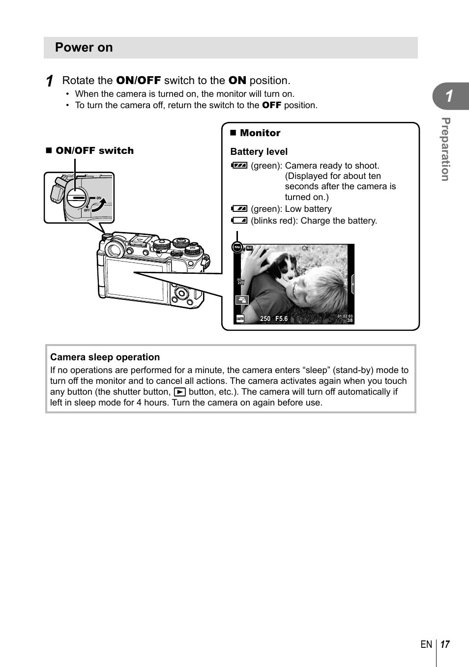 Power on, Preparation, Rotate the on/off switch to the on position | 17 en | Olympus PEN-F Pancake Zoom 14-42mm Kit User Manual | Page 17 / 184