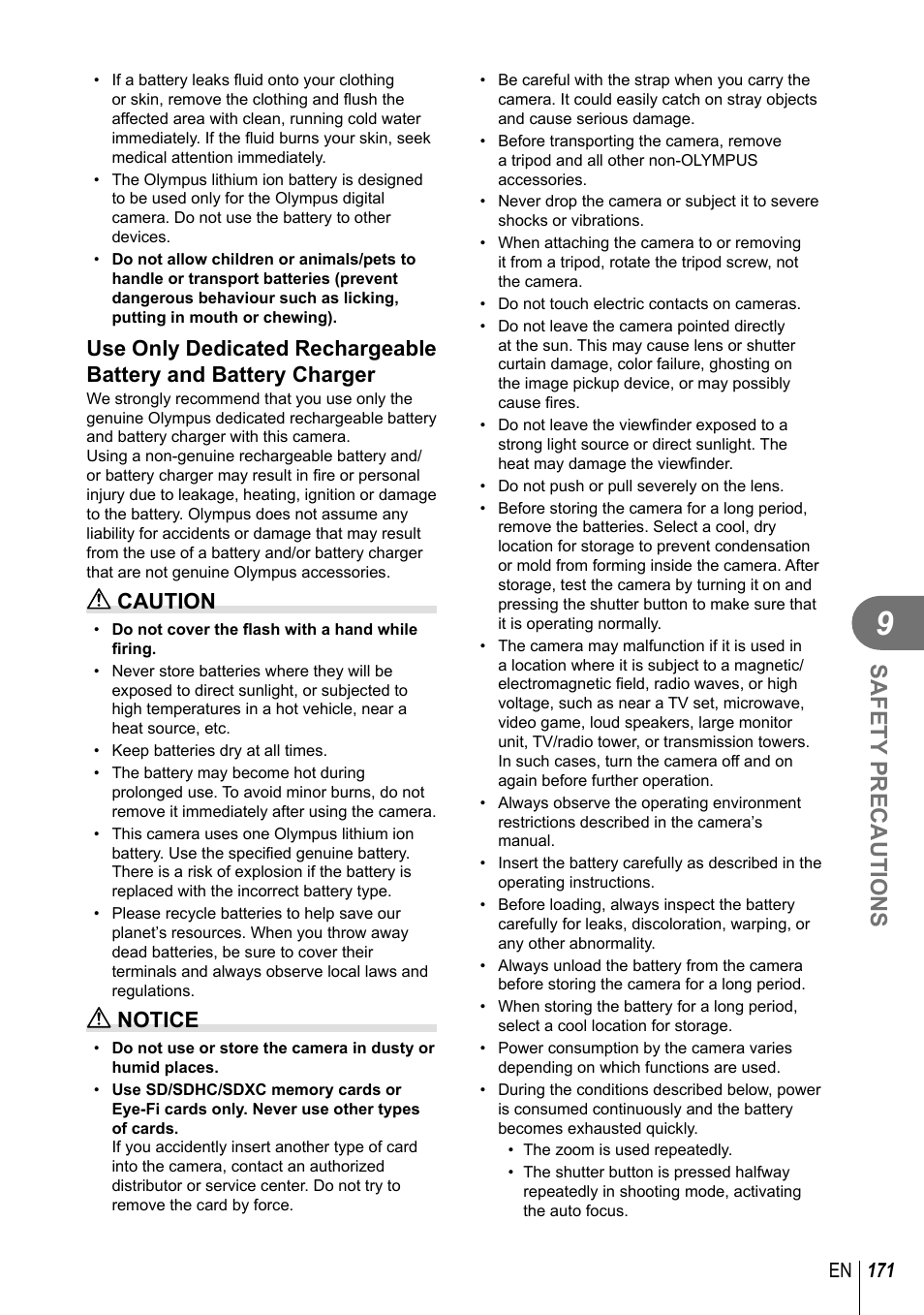 Safety precautions, Caution, Notice | 171 en | Olympus PEN-F Pancake Zoom 14-42mm Kit User Manual | Page 171 / 184