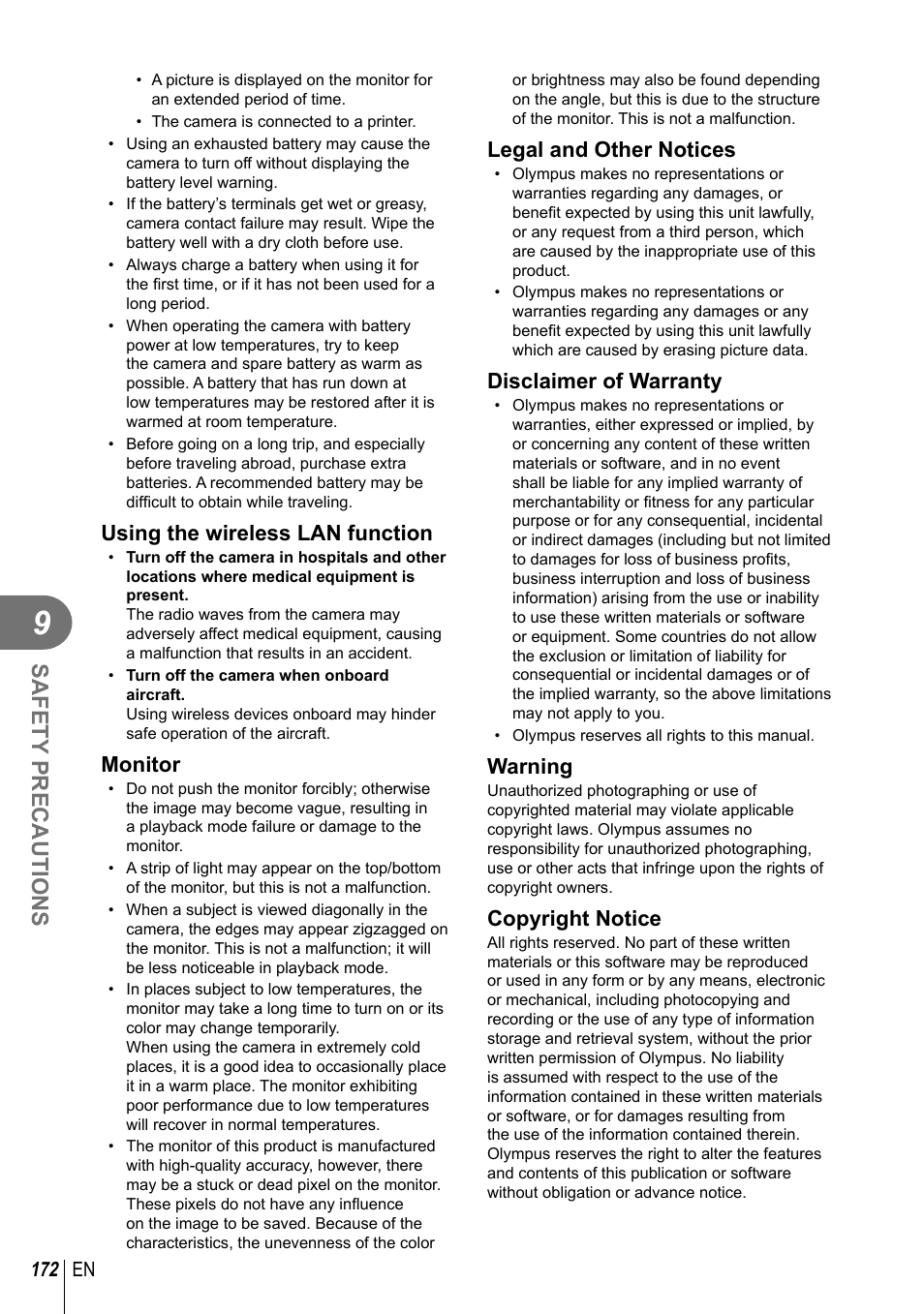 Safety precautions, Using the wireless lan function, Monitor | Legal and other notices, Disclaimer of warranty, Warning, Copyright notice | Olympus PEN-F Pancake Zoom 14-42mm Kit User Manual | Page 172 / 184