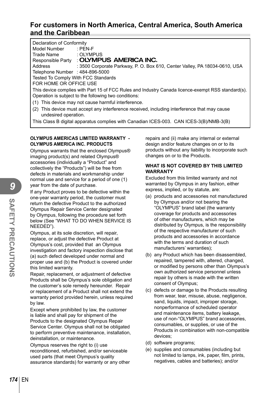 Safety precautions | Olympus PEN-F Pancake Zoom 14-42mm Kit User Manual | Page 174 / 184