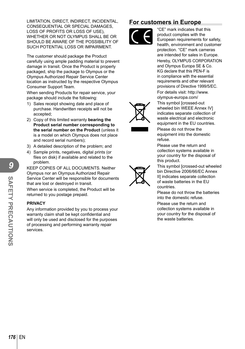 Safety precautions, For customers in europe | Olympus PEN-F Pancake Zoom 14-42mm Kit User Manual | Page 176 / 184