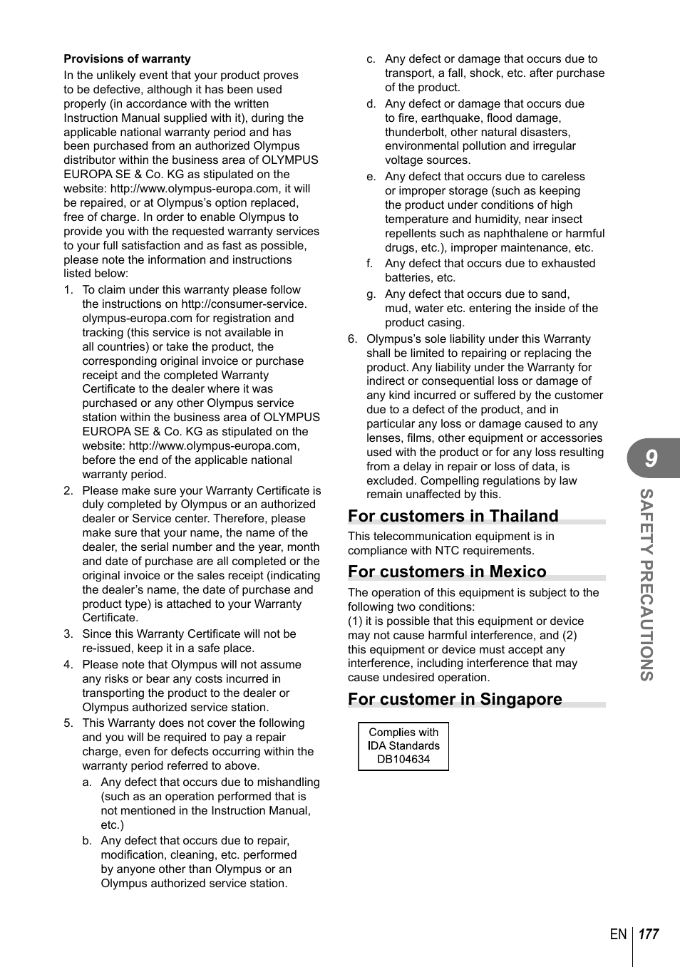 Safety precautions, For customers in thailand, For customers in mexico | For customer in singapore | Olympus PEN-F Pancake Zoom 14-42mm Kit User Manual | Page 177 / 184