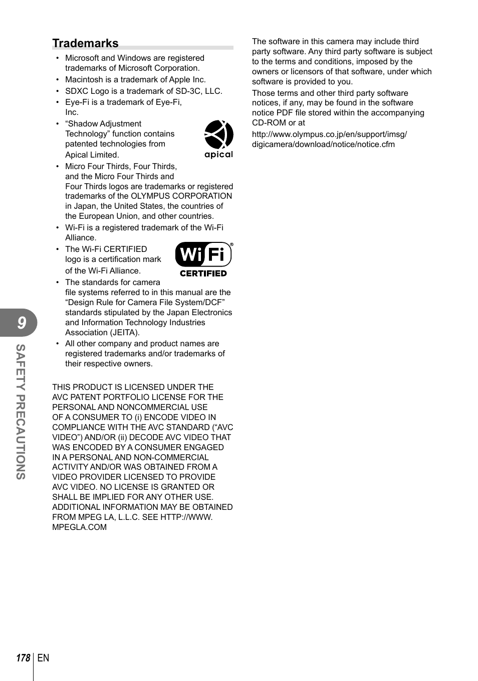 Safety precautions, Trademarks | Olympus PEN-F Pancake Zoom 14-42mm Kit User Manual | Page 178 / 184