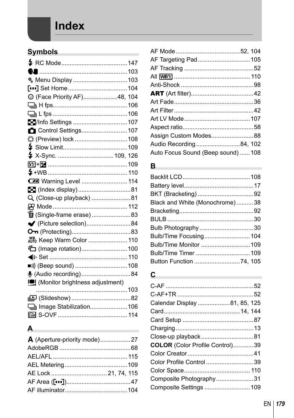 Index | Olympus PEN-F Pancake Zoom 14-42mm Kit User Manual | Page 179 / 184