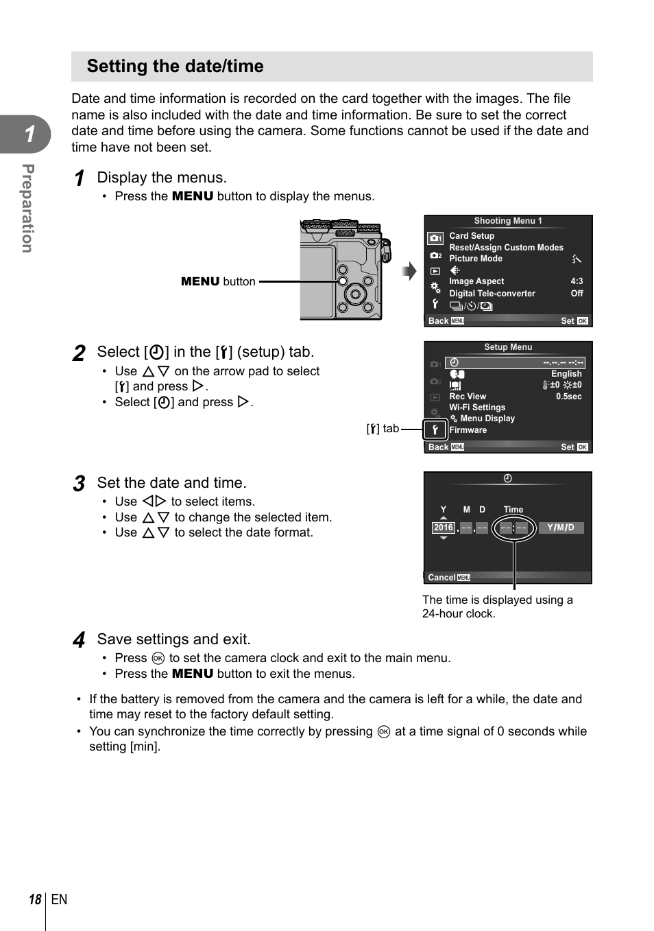 Setting the date/time, Preparation, Display the menus | Select [ x] in the [ d] (setup) tab, Set the date and time, Save settings and exit, 18 en | Olympus PEN-F Pancake Zoom 14-42mm Kit User Manual | Page 18 / 184