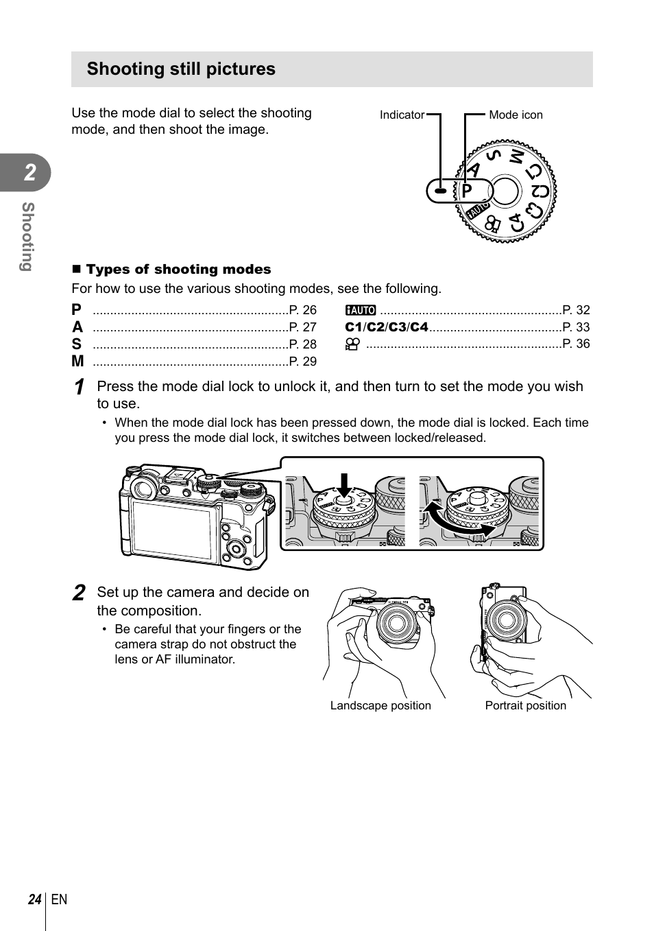 Shooting still pictures | Olympus PEN-F Pancake Zoom 14-42mm Kit User Manual | Page 24 / 184