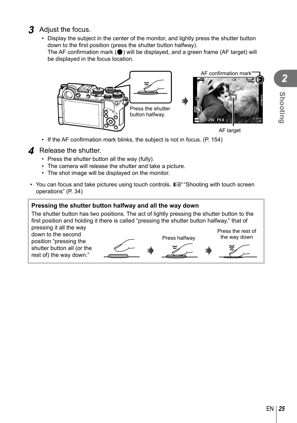 Shooting, Adjust the focus, Release the shutter | 25 en | Olympus PEN-F Pancake Zoom 14-42mm Kit User Manual | Page 25 / 184