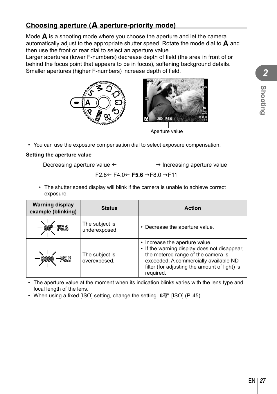 Shooting, Choosing aperture ( a aperture-priority mode), 27 en | Olympus PEN-F Pancake Zoom 14-42mm Kit User Manual | Page 27 / 184