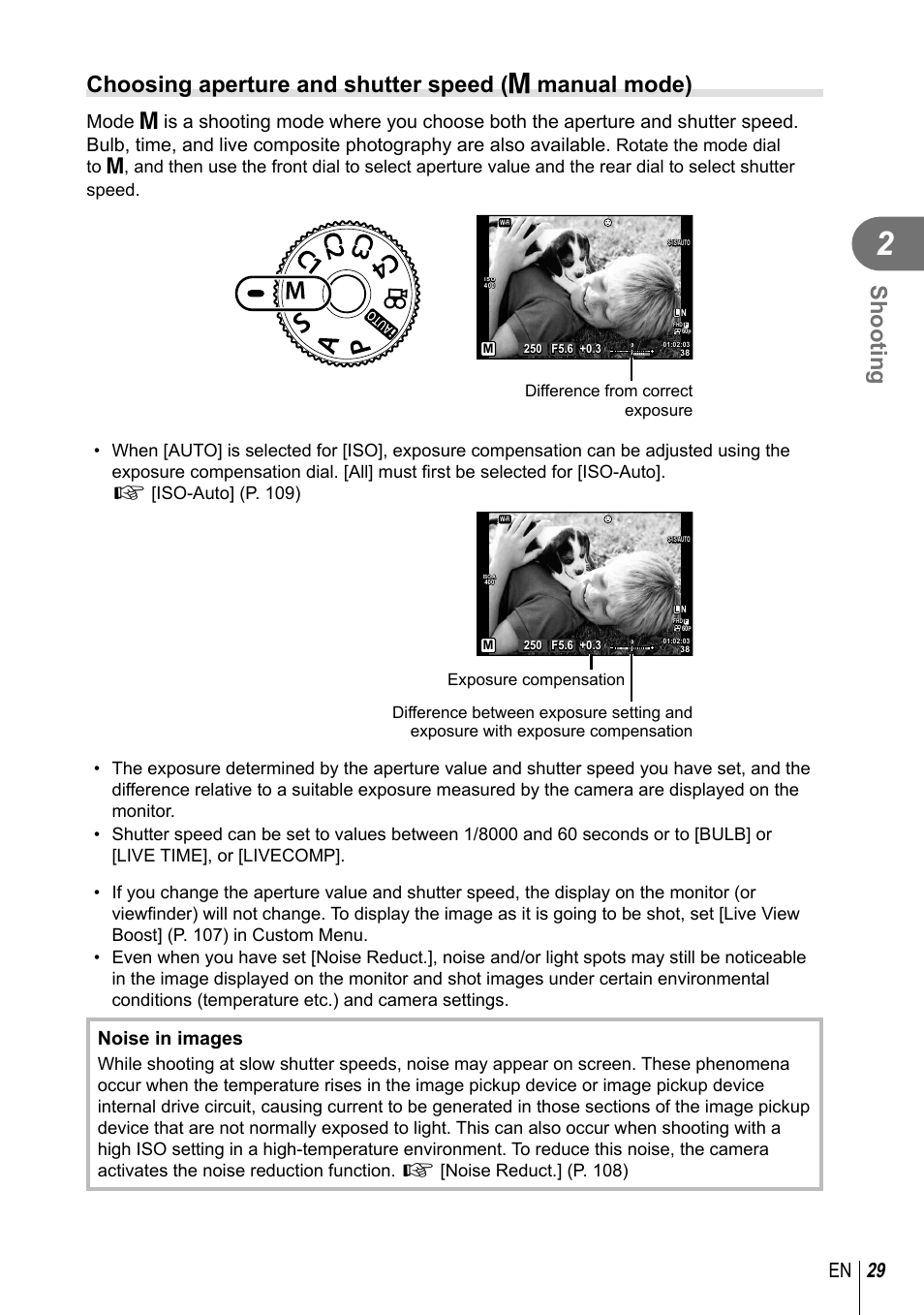 Shooting, 29 en, Noise in images | Difference from correct exposure | Olympus PEN-F Pancake Zoom 14-42mm Kit User Manual | Page 29 / 184