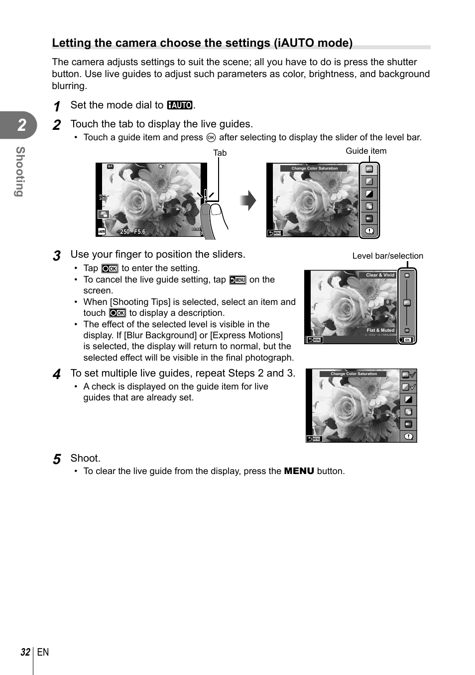 Shooting, 32 en, Set the mode dial to a | Touch the tab to display the live guides, Use your fi nger to position the sliders, Shoot | Olympus PEN-F Pancake Zoom 14-42mm Kit User Manual | Page 32 / 184