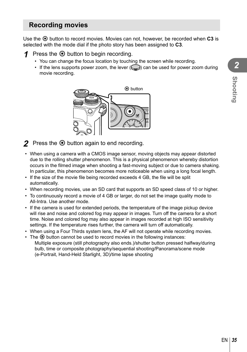 Recording movies | Olympus PEN-F Pancake Zoom 14-42mm Kit User Manual | Page 35 / 184