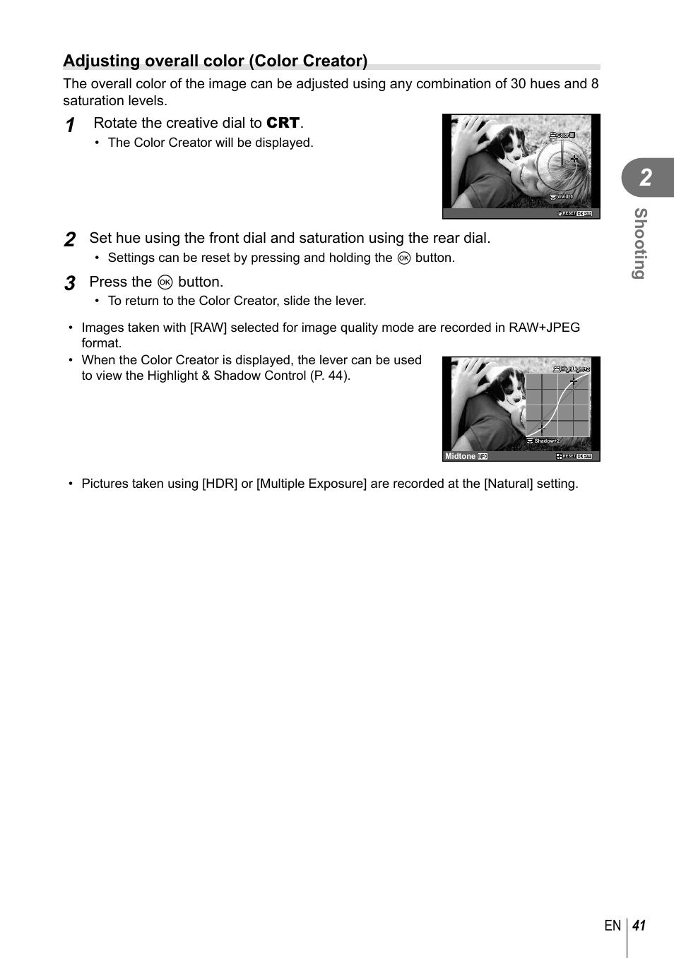 Shooting, Adjusting overall color ( color creator), 41 en | Rotate the creative dial to crt, Press the q button | Olympus PEN-F Pancake Zoom 14-42mm Kit User Manual | Page 41 / 184