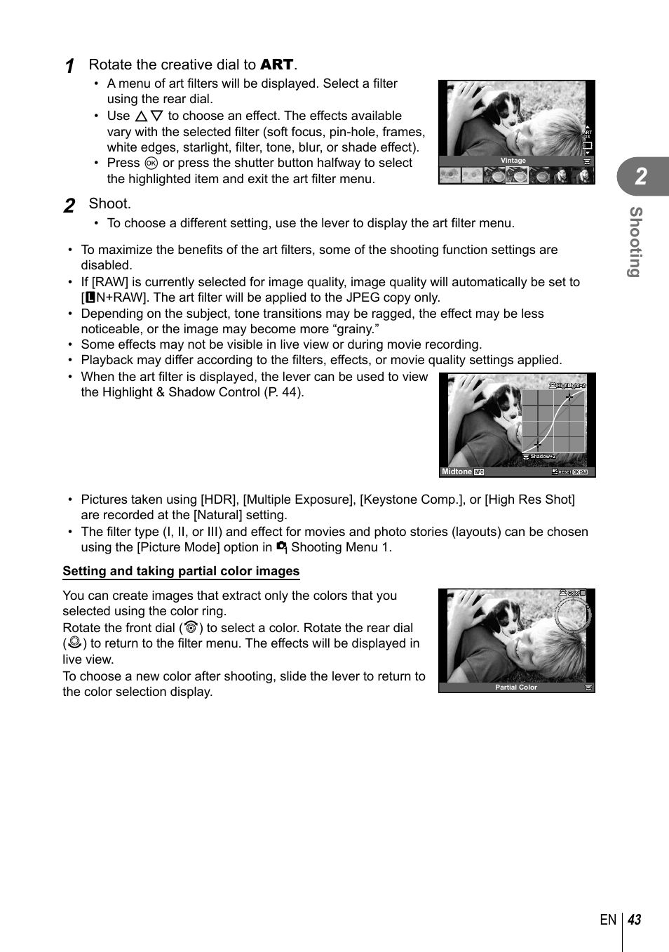 Shooting, 43 en, Rotate the creative dial to art | Shoot | Olympus PEN-F Pancake Zoom 14-42mm Kit User Manual | Page 43 / 184