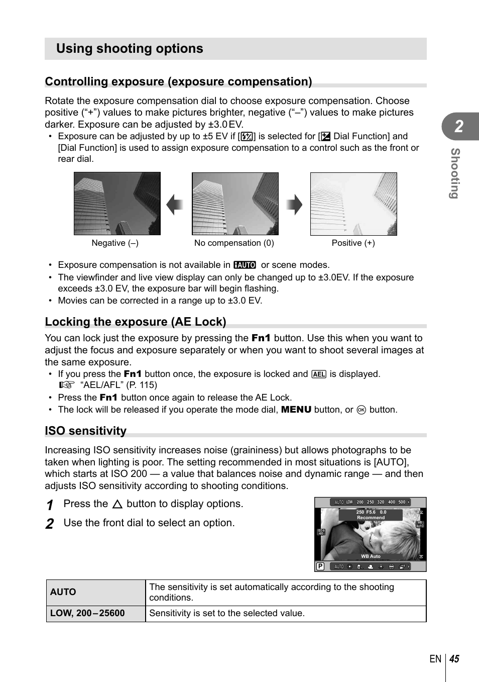 Using shooting options, Shooting, Controlling exposure (exposure compensation) | Locking the exposure (ae lock), Iso sensitivity, 45 en, Press the f button to display options, Use the front dial to select an option | Olympus PEN-F Pancake Zoom 14-42mm Kit User Manual | Page 45 / 184