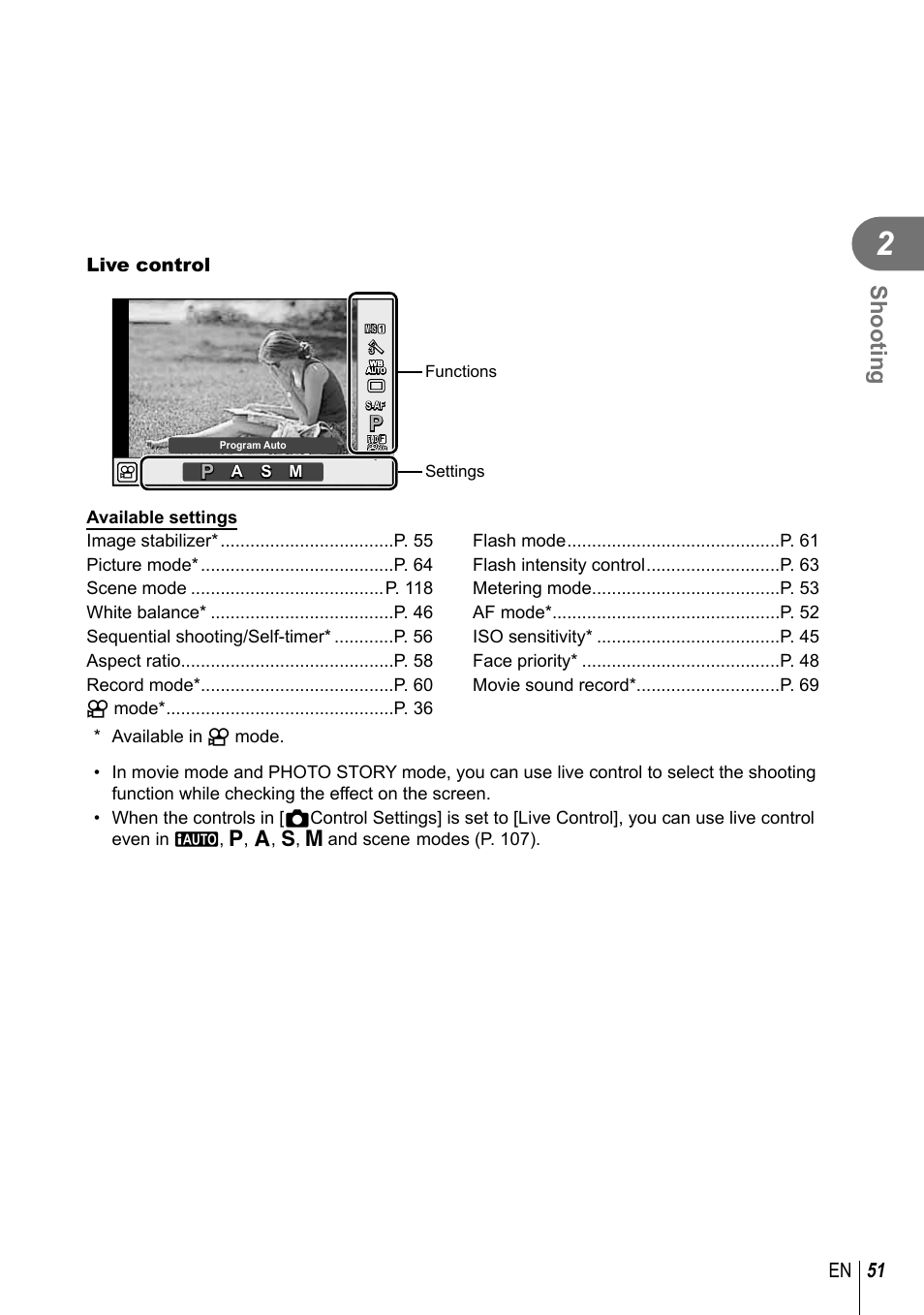 Shooting, 51 en, Live control | Olympus PEN-F Pancake Zoom 14-42mm Kit User Manual | Page 51 / 184