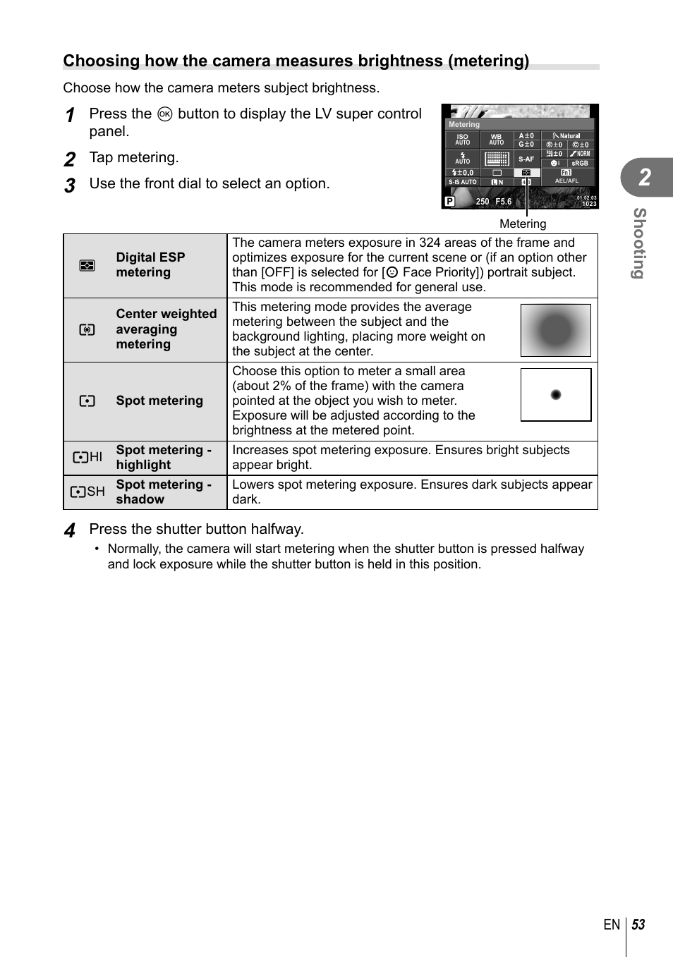 Shooting, 53 en, Tap metering | Use the front dial to select an option, Press the shutter button halfway | Olympus PEN-F Pancake Zoom 14-42mm Kit User Manual | Page 53 / 184