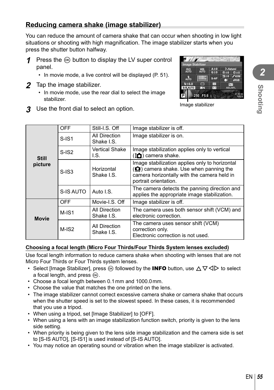 Shooting, Reducing camera shake (image stabilizer), 55 en | Tap the image stabilizer, Use the front dial to select an option | Olympus PEN-F Pancake Zoom 14-42mm Kit User Manual | Page 55 / 184